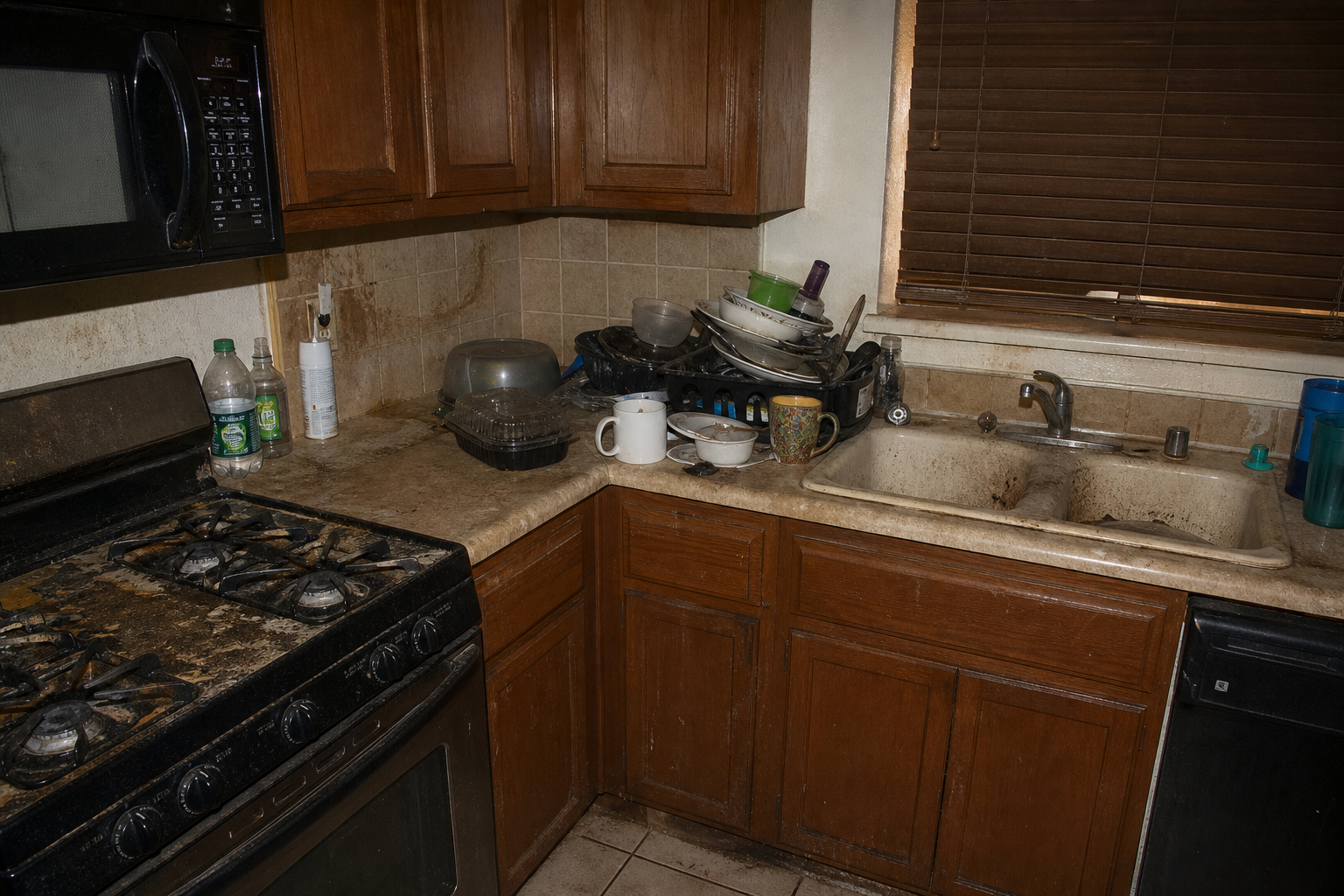 Extremely dirty Las Vegas kitchen with burnt stovetop and piled dishes before cleaning