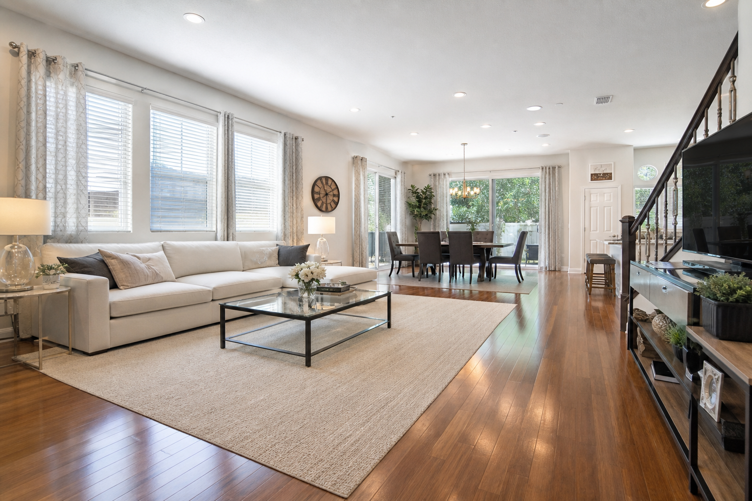 Fresh pristine living room with gleaming floors after Ladybug cleaning service