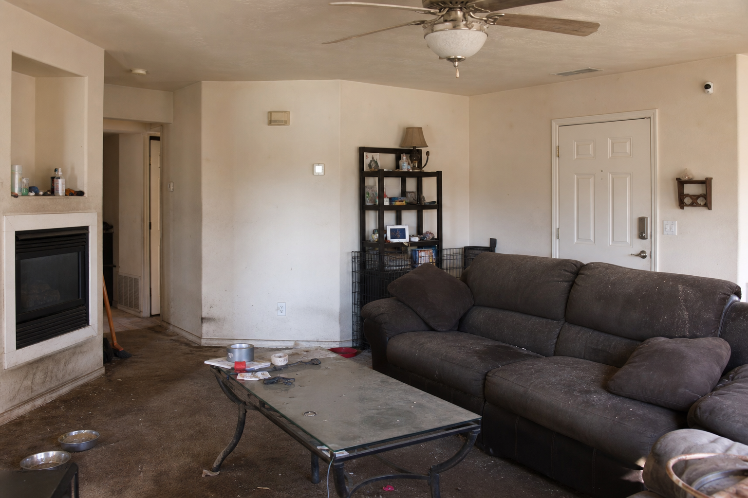Dirty neglected living room with filthy carpet and dusty furniture before cleaning